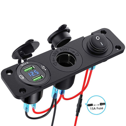 Car Charger Socket Waterproof Dual USB QC3.0 Outlet Panel 12V 3 in 1