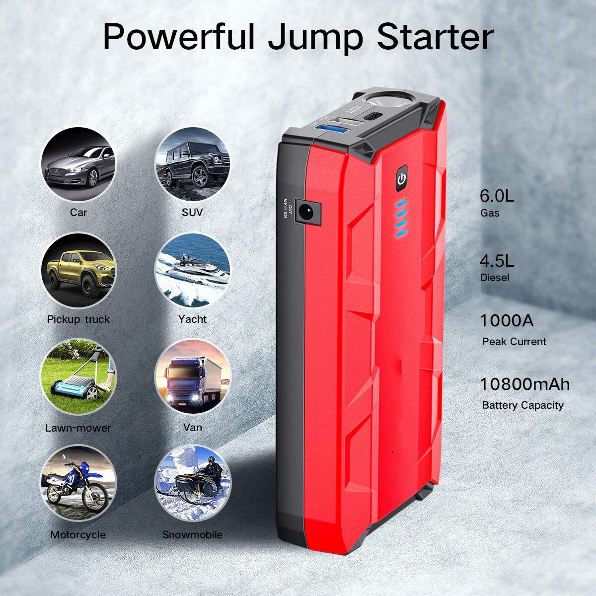 Car Battery Dual USB Jump Starter 1000A 12V Portable Power Quick Charger