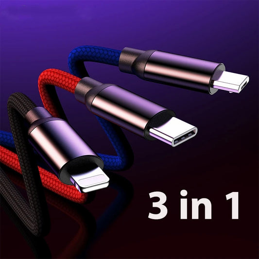 Car Mobile Phone USB Cable Wire Cord Fast Charger Cable 3 In1 Type C