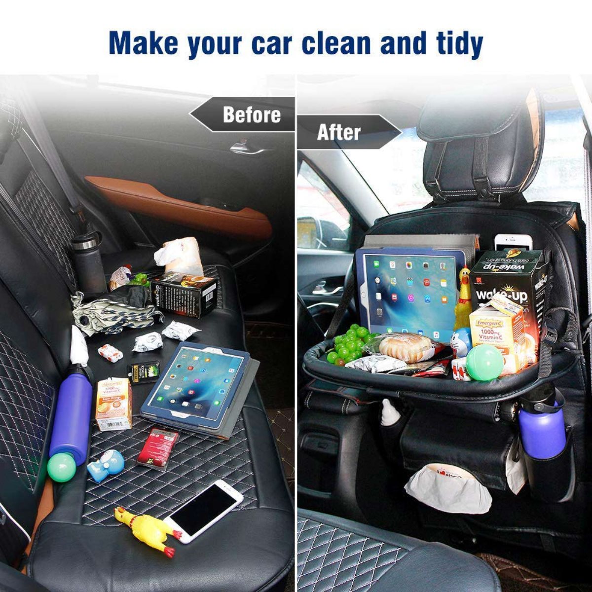 Car Backseat Organizer with Tablet Holder Storage Pockets PU Leather 2 Pcs