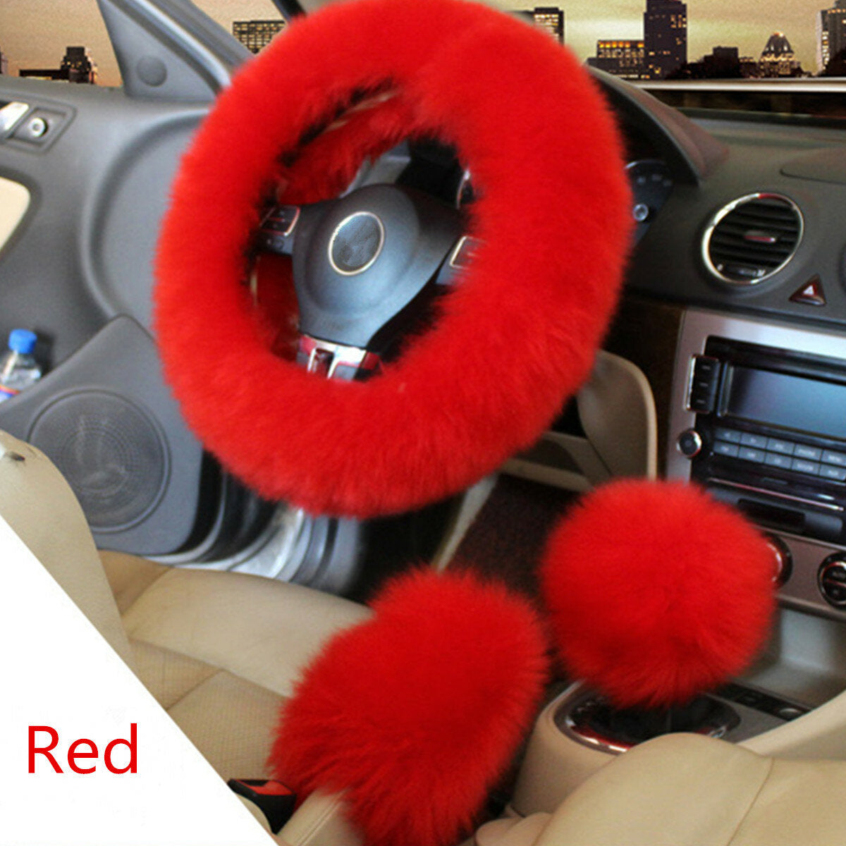 Car Steering Wheel Gear Knob Winter Furry Parking Brake Covers Set
