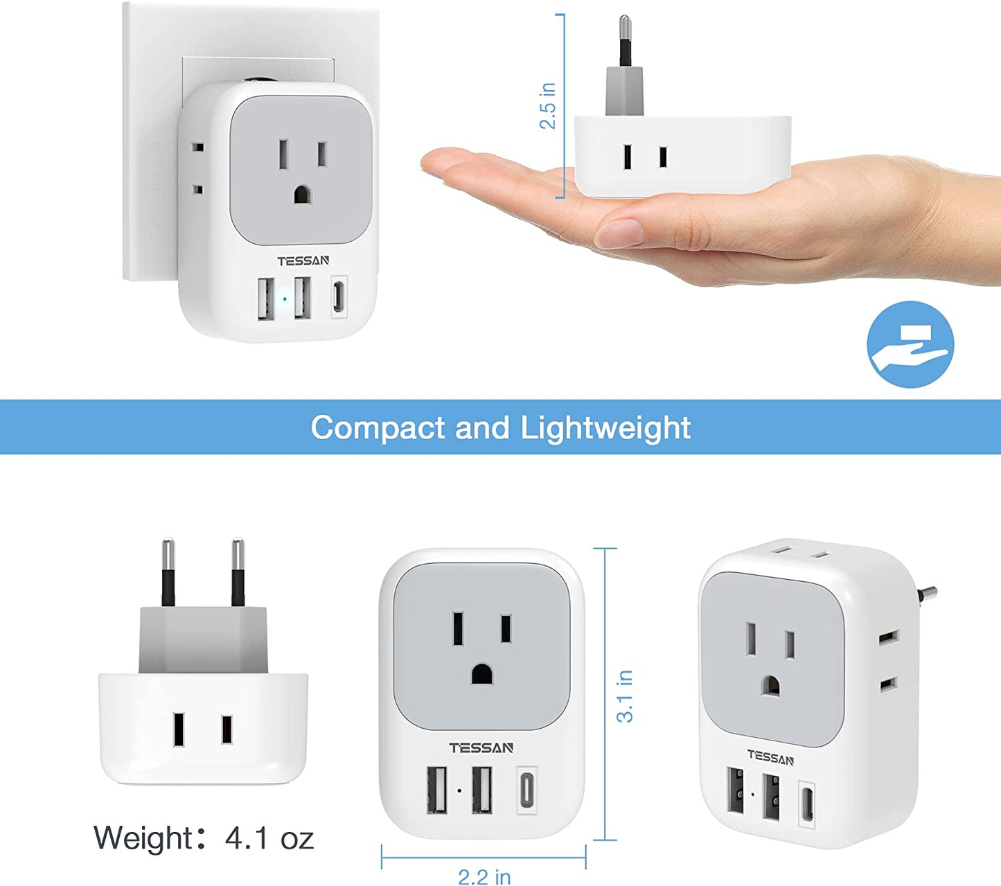 European Travel Plug Adapter Plug Charger with 4 Outlets 3 USB