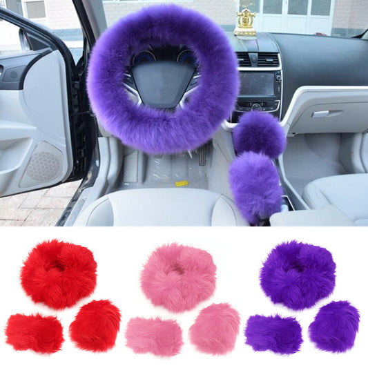 Car Steering Wheel Gear Knob Winter Furry Parking Brake Covers Set