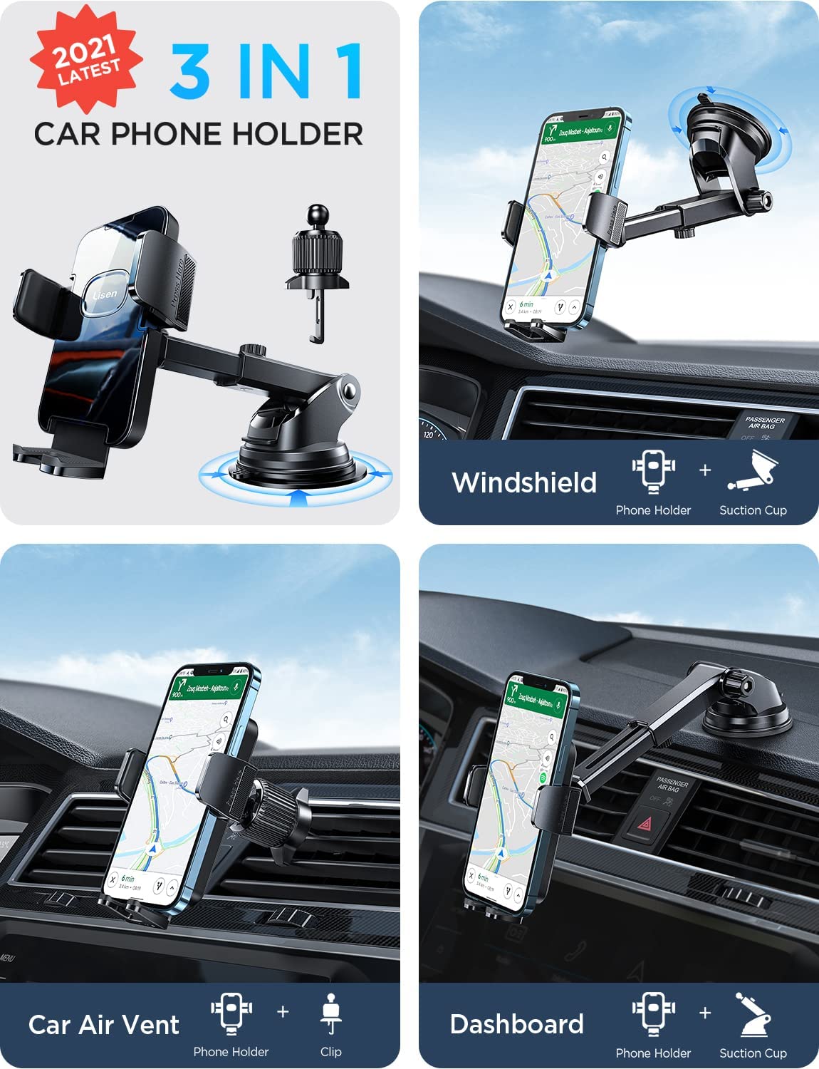 Car Phone Holder Mount 3 in 1 Car Phone Mount Windshield Air Vent
