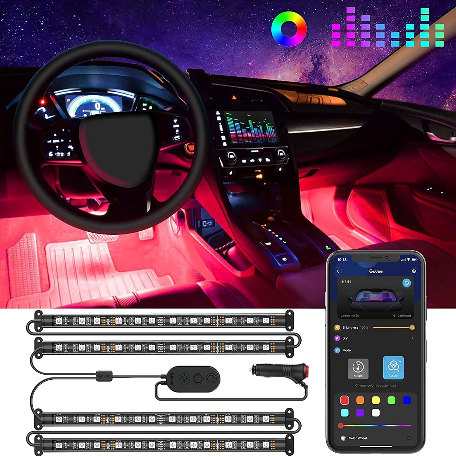 Interior Car LED Strip Lights Waterproof 48 LEDs App Control Light