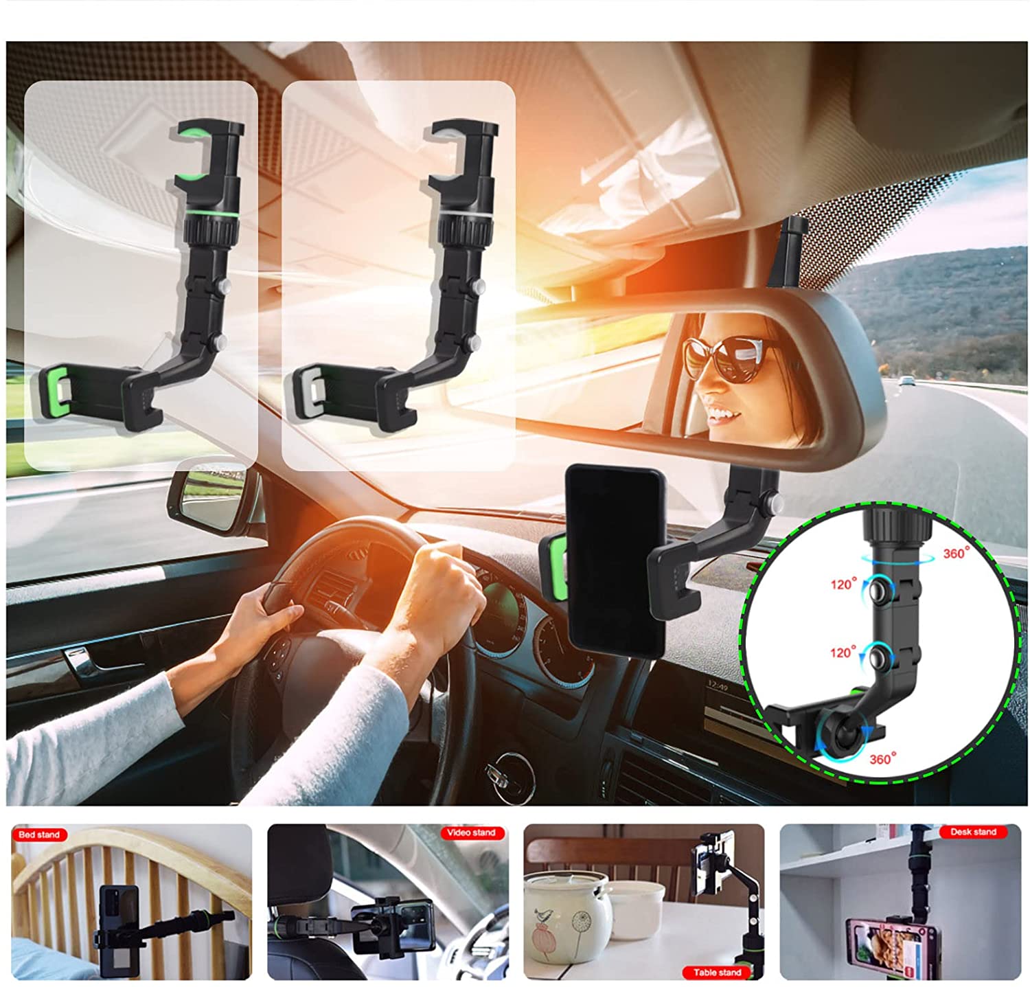 Multifunctional Rearview Mirror Phone Holder Universal 360° Rotating Phone Stand