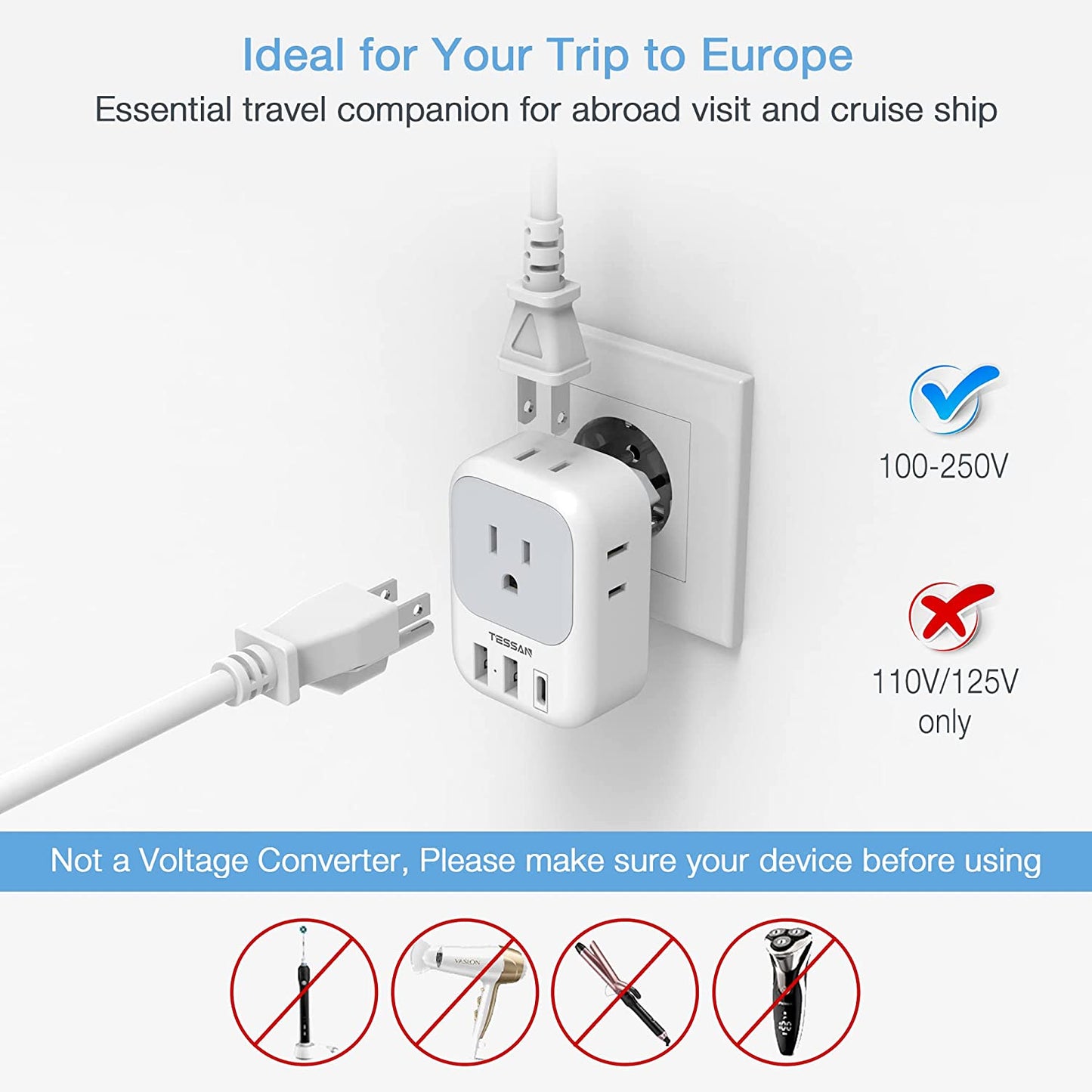 European Travel Plug Adapter Plug Charger with 4 Outlets 3 USB
