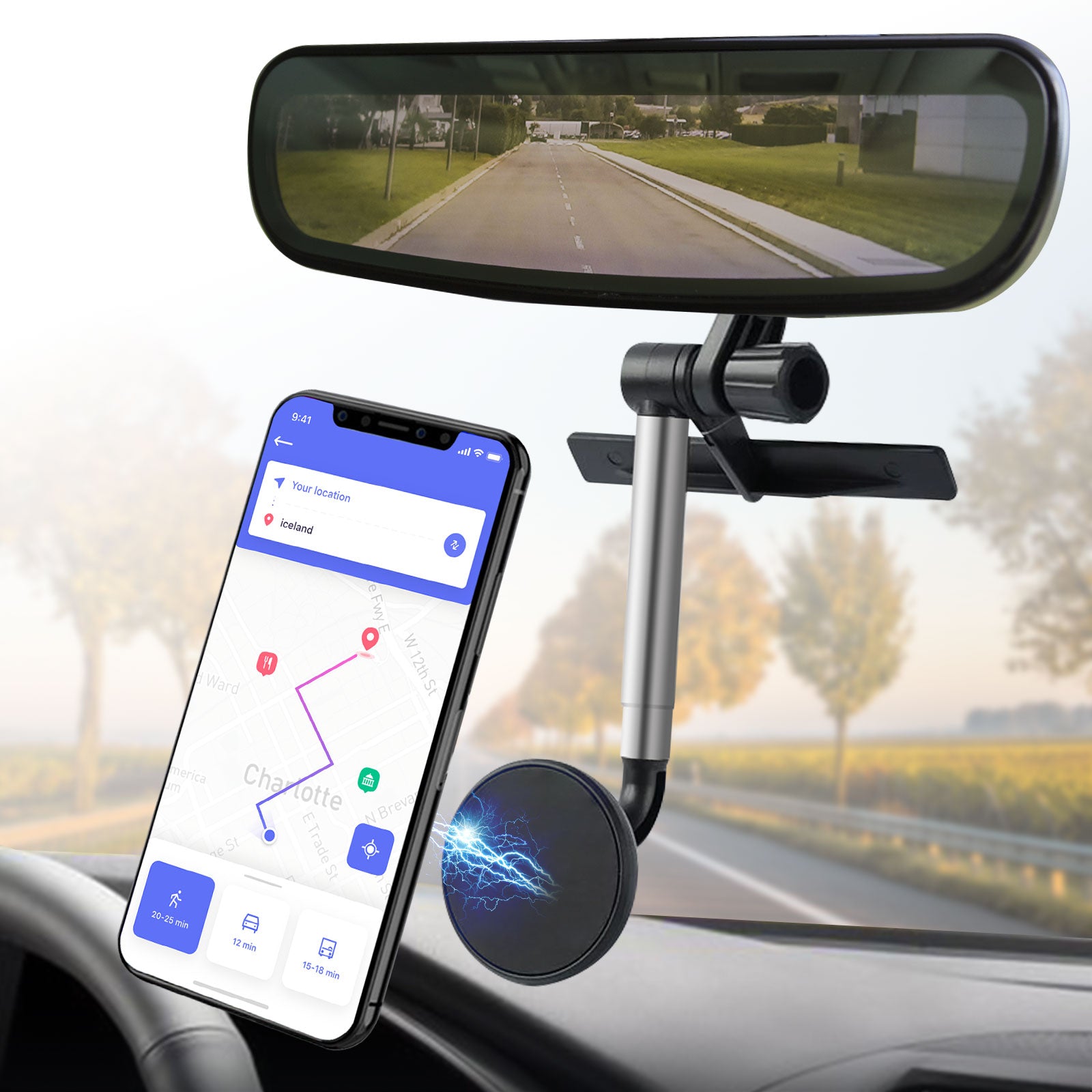 Car Mount Cell Phone Holder 360° Rearview Mirror Mount Auto Bracket