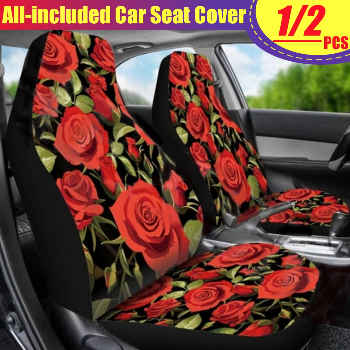 Universal Car Front Seat Cushion Cover Rose Printed Full Protector 1/2 PCS