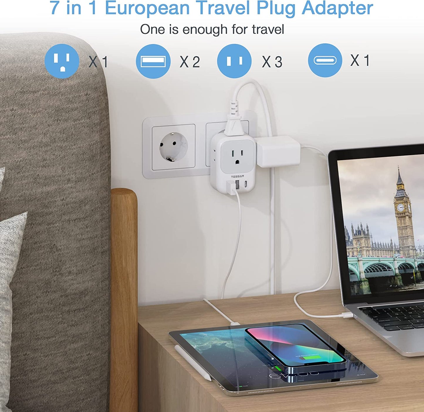 European Travel Plug Adapter Plug Charger with 4 Outlets 3 USB