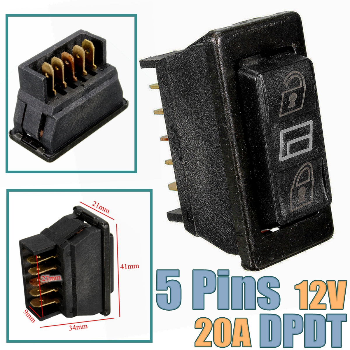 12V 20A 3 in 1 Car 5pins DPDT Botton Momentary Rocker Switch