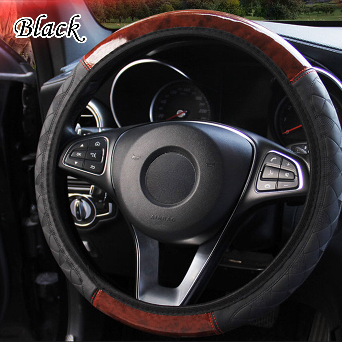 Car Steering Wheel Cover Wood Grain Leather Protector