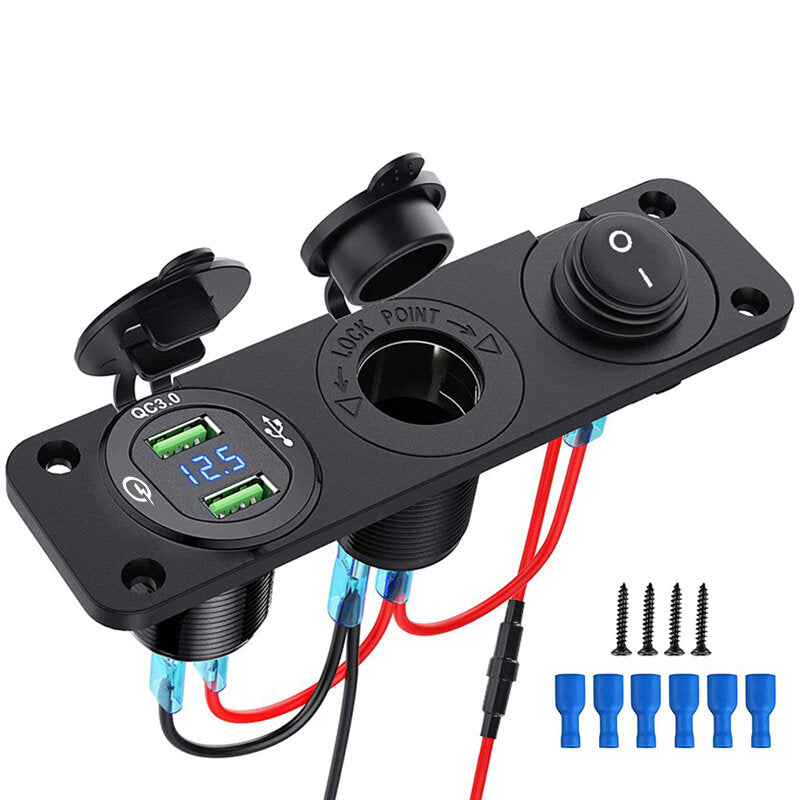 Car Charger Socket Waterproof Dual USB QC3.0 Outlet Panel 12V 3 in 1