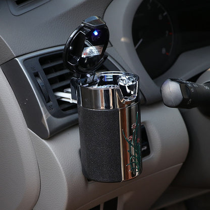 Car Ashtray Portable LED Universal Carbon Fiber Cigarette Cylinder Organizer