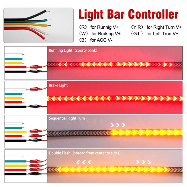 Car LED Pickup Arrow Red Flowing Yellow Turn Signal Lamp Scanning Brake Light Bar 100cm