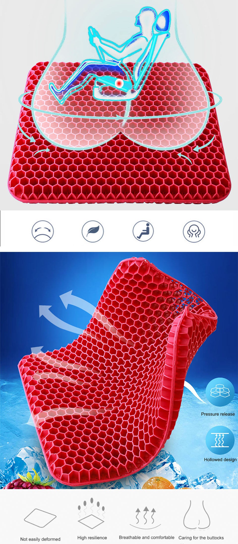 Car Elastic Padded Gel Sitting Honeycomb Seat Cushion