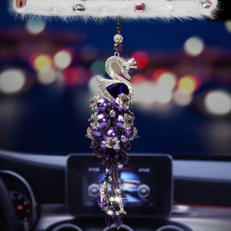 Women Rhinestone Swan Car Rear View Mirror Ornament Hanging Pedant