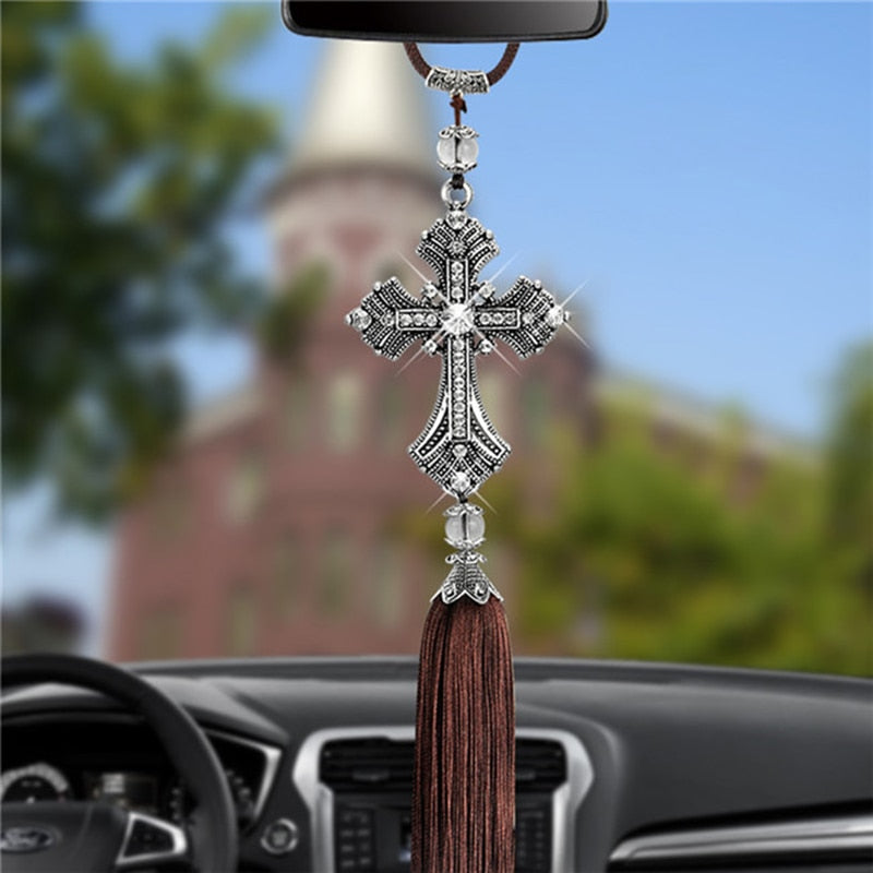 Car Pendant Hanging Decoration Cross Jesus Christian Metal And Crystal Diamond