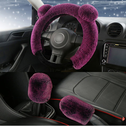 Car Steering Wheel Winter Plush Fur Soft Cute cover+ Handbrake +Gear Knob 3 Pcs