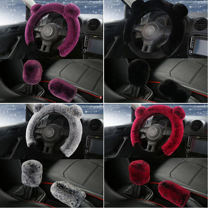 Car Steering Wheel Winter Plush Fur Soft Cute cover+ Handbrake +Gear Knob 3 Pcs