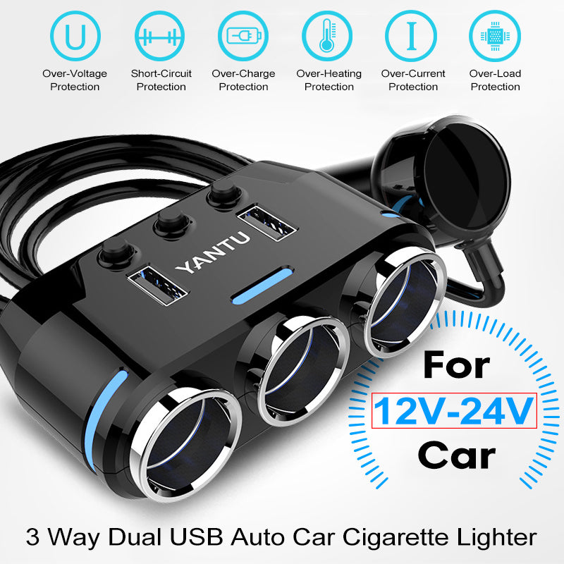 Car Dual USB Port 3 Way Auto Charger Cigarette Socket Splitter Adapter