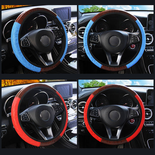 Car Steering Wheel Cover Wood Grain Leather Protector
