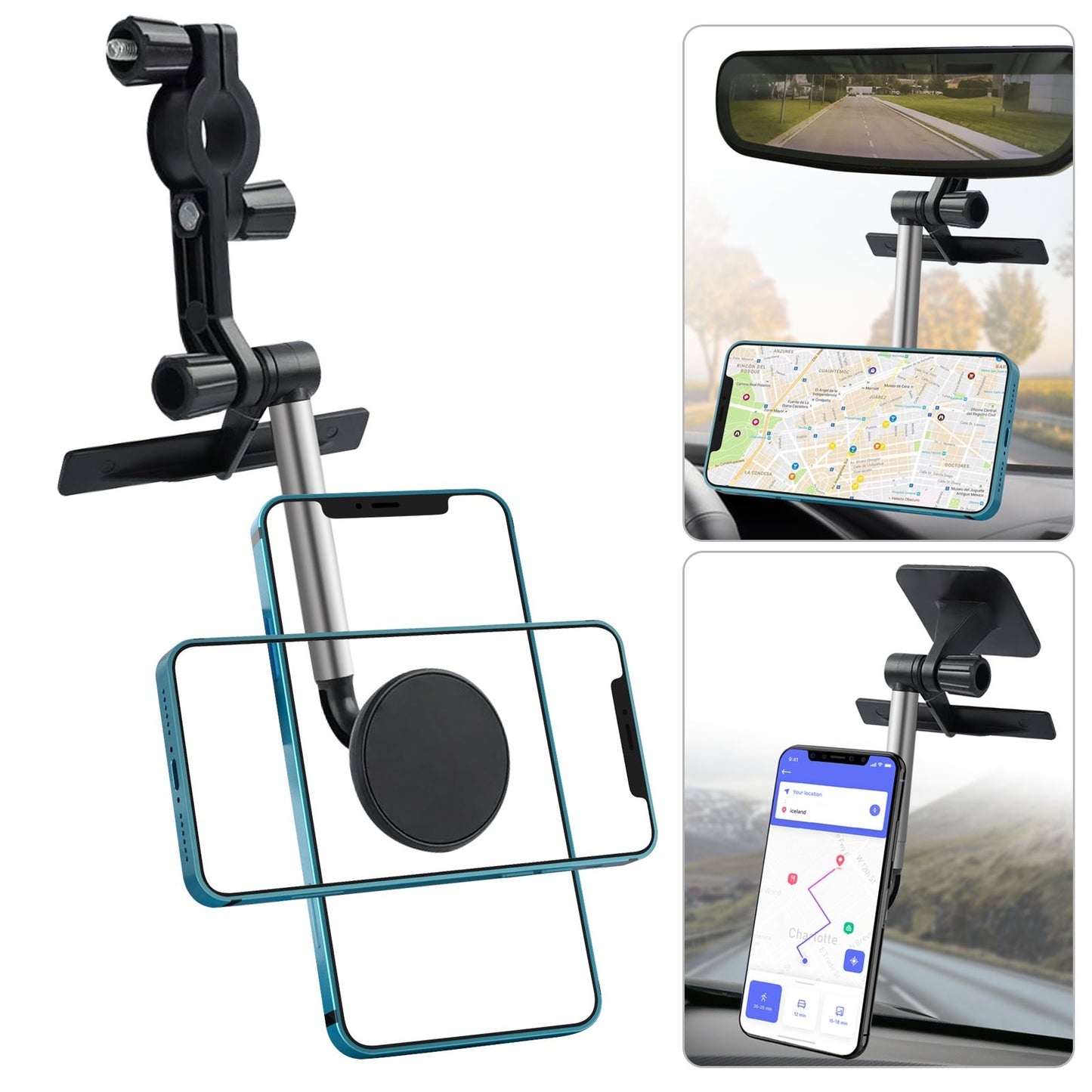 Car Mount Cell Phone Holder 360° Rearview Mirror Mount Auto Bracket