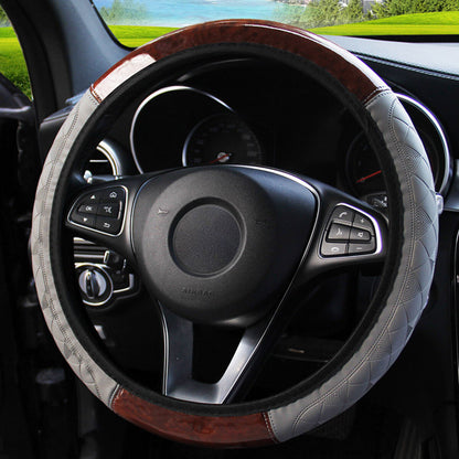 Car Steering Wheel Cover Wood Grain Leather Protector
