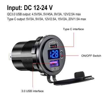 Car Dual USB Charger Socket with LED Voltmeter ON/Off Switch